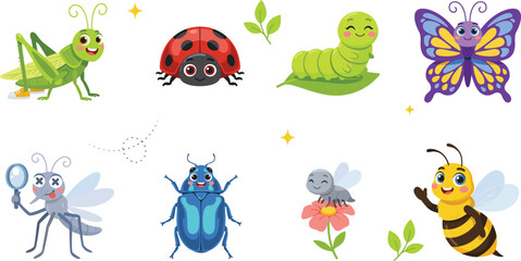Naklejka premium Cute Cartoon Insect and Bug Character Vector Set Featuring Adorable Grasshopper Ladybug Caterpillar Butterfly Mosquito Beetle Fly and Bee for Kids Graphic Designs