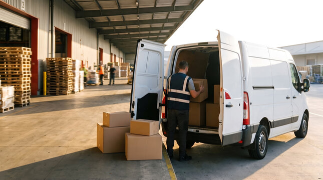 Delivery worker loading cardboard packages into a white van outside a modern logistics warehouse facility.