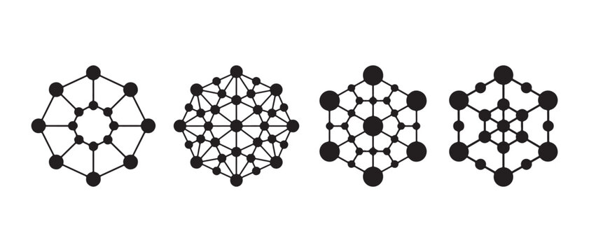 Set of abstract geometric network nodes and hexagonal connection structures vector icon.