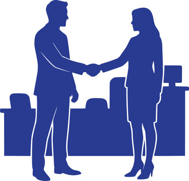 Business professionals a man and woman in silhouette shaking hands in an office meeting setting vect