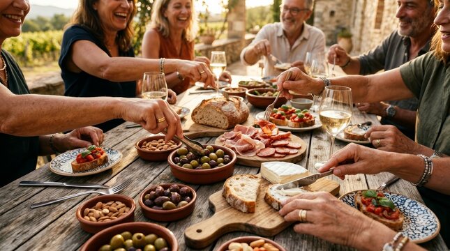 Happy friends reaching for various appetizers and tapas during a social gathering.