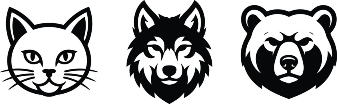 Vintage style animal head illustrations of a cat wolf and bear in black and white