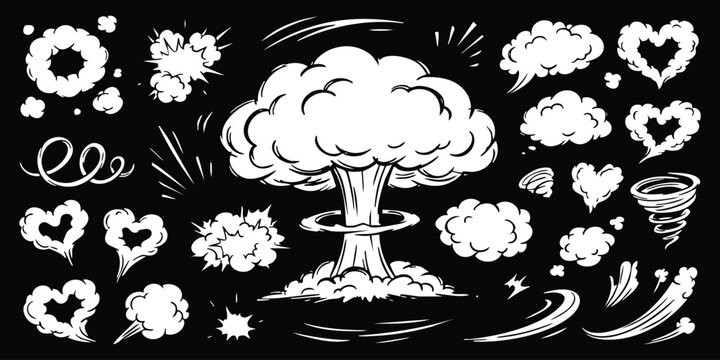 Set of hand drawn explosion smoke clouds and comic book style blast effects collection on black background