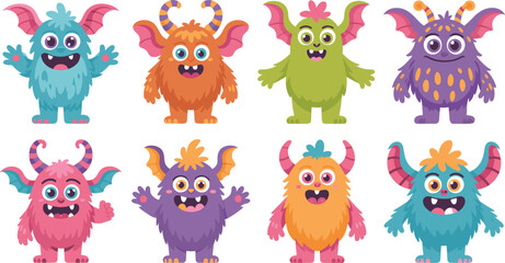 Obraz premium Cute Cartoon Monster Character Vector Bundle Featuring Colorful Friendly Furry Creatures with Wings and Horns for Halloween Party Invitations and Kids Graphic Designs