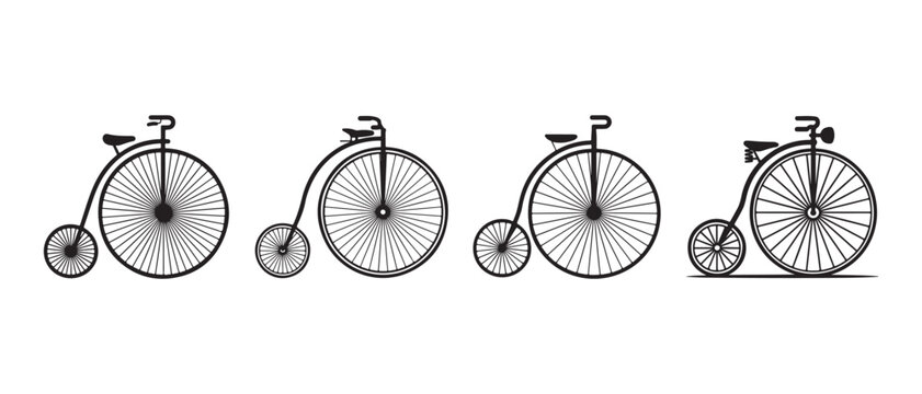Set of vintage penny farthing bicycle icons in flat line art style.