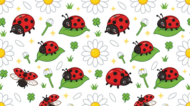 Cute Ladybug Seamless Pattern Featuring Red Beetles, Daisy Flowers, Clover Leaves, Garden Nature, and Spring Vector Background for Kids