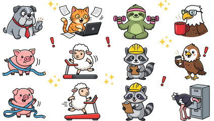Naklejka premium Cute Funny Animal Cartoon Collection Featuring Bulldog, Cat, Sloth, Eagles, Pig, Sheep, Raccoon, Ostrich, and Office Lifestyle Characters