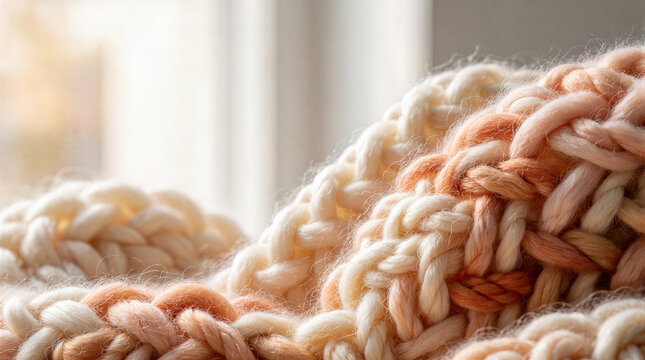 Cozy textile background featuring soft cashmere threads woven through thick chunky yarn and complex knitted wool patterns in bright abstract macro