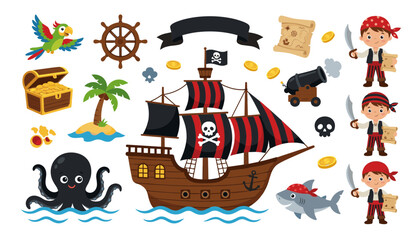Fototapeta premium Cute pirate adventure vector set with ship boy characters treasure chest cannon map shark parrot and octopus sea animals