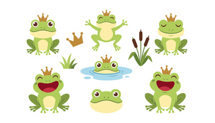Fototapeta premium Cute frog prince character vector set featuring cartoon green frogs wearing golden crowns in a pond with cattails