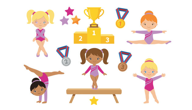 Cute gymnastics vector set with girls performing balance beam handstand splits and winning trophy medals on podium stand