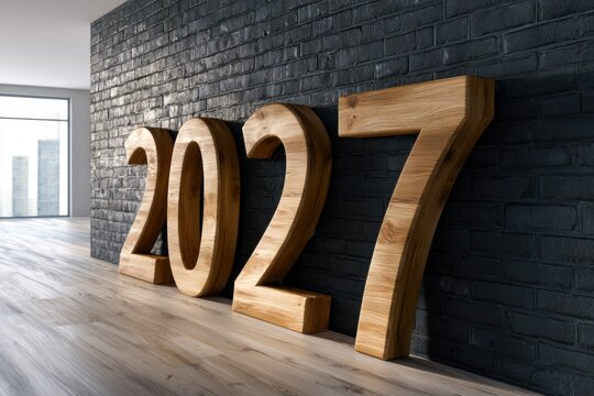 Modern interior with large wooden 3d numbers representing the year 2027 leaning against a dark brick wall on a light hardwood floor near a sunlit window with city vi
