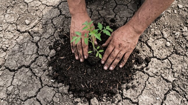 Farmer hands planting green seedling in dry cracked soil, agriculture, hope for harvest, environmental conservation, drought resistance, sustainable farming, nature restoration