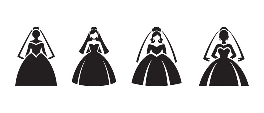 Set of bride icons in wedding dresses with veils, vector illustration of bridal silhouettes.