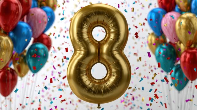 Golden number eight foil balloon surrounded by colorful helium balloons and vibrant confetti celebrating a festive party atmosphere