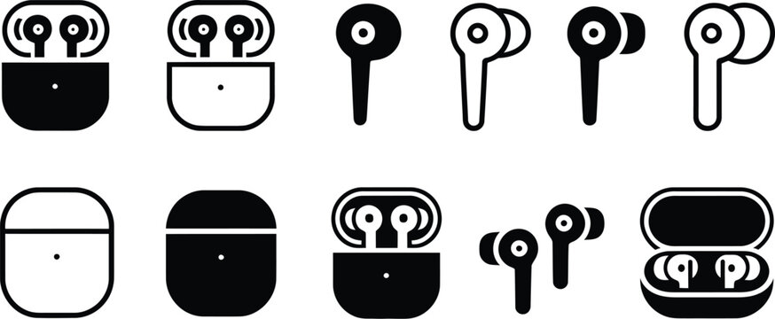Wireless earbud icon set, minimalist solid and line art vector designs featuring in-ear headphones, charging cases and modern audio accessories.