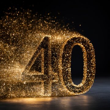 Sparkling golden particles forming the number 40 with dynamic motion against a dark background, symbolizing celebration or milestone achievement