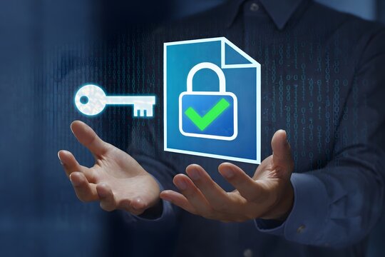 Data encryption algorithm. Protection of encrypted files with secure cryptographic keys. Man holding file with padlock icon.