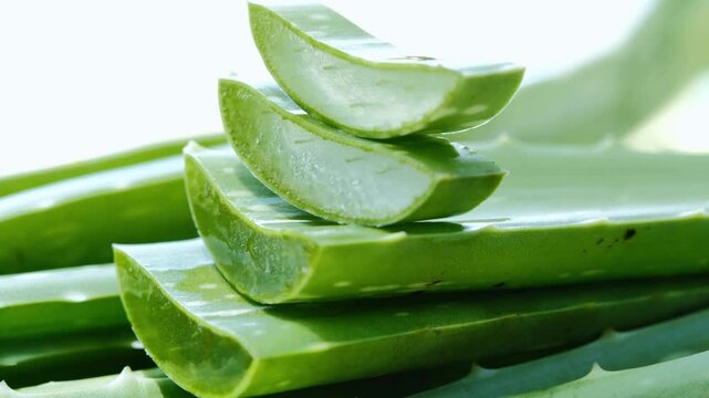 Close-up of freshly sliced aloe vera showing the translucent gel inside the thick green leaves. The image highlights the juicy texture and natural appearance of aloe vera, suitable for skincare, cosme
