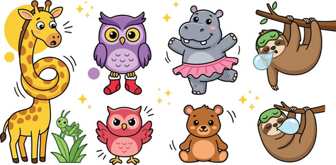 Naklejka premium Cute Cartoon Animal Character Collection Featuring Giraffe, Owl, Hippopotamus, Sloth, Bear, and Funny Wildlife Vector Illustrations for Kids