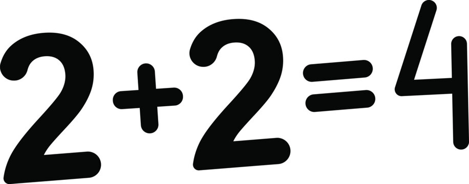 Mathematical equation two plus two equals four represented as a bold black vector graphic illustration on a plain white background