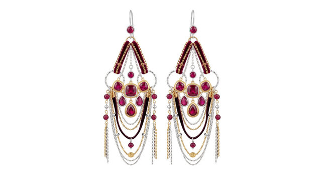 Bohemian gold chandelier earrings with ruby gemstones. Elegant ethnic jewelry with hanging chains and red crystals. Luxury bridal accessories. isolated PNG with Transparent Background