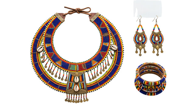 Traditional African beaded jewelry set, colorful tribal necklace with cowrie shells, handcrafted ethnic earrings and bangles isolated PNG with Transparent Background