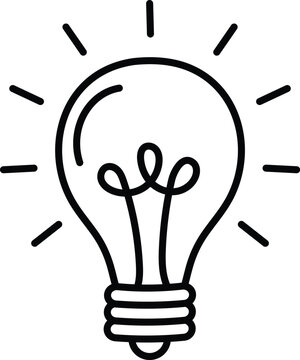 Minimalist vector graphic illustration of a glowing light bulb representing creative ideas and innovation in a clean black outline style