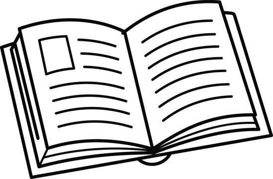 Open book vector graphic illustration featuring thick black outlines on a clean white background representing educational study and reading material