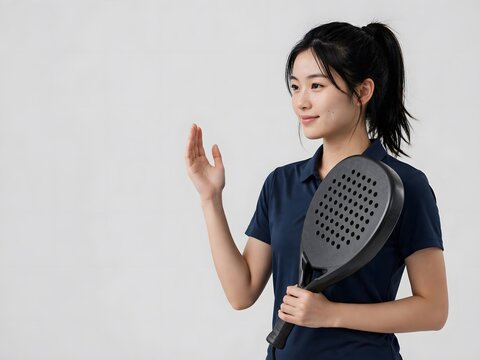Young asian woman holding a padel racket against a plain background