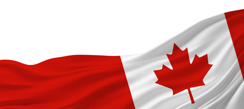 Canadian flag ribbon with fabric weave texture flowing isolated on transparent background with copy space design for canada day banner 3D render