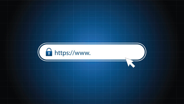 Secure HTTPS web browser address bar with padlock icon and cursor arrow on blue grid background, cybersecurity concept