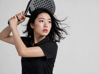 Fototapeta premium Young athletic woman holds a padel racket for a powerful swing