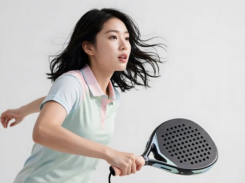 Young asian woman playing padel with racket against white background