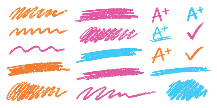 Set of colorful hand drawn marker strokes and A plus grade marks with wavy lines and scribbles for education