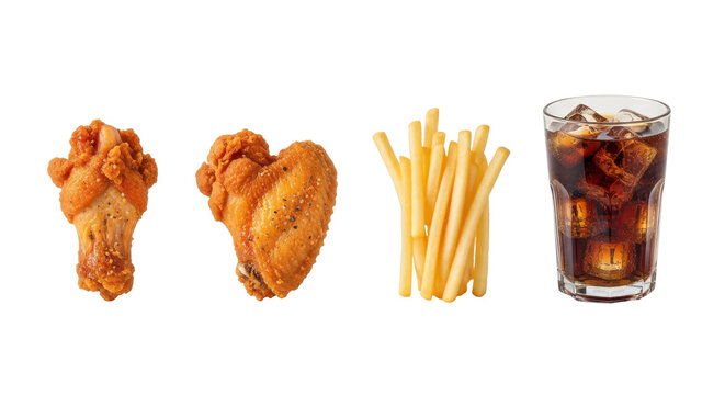 Fried chicken wings with french fries and a glass of cola