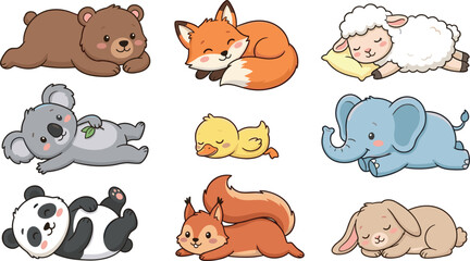 Fototapeta premium Cute Kawaii Sleeping Animals and Nap Time Vector Illustration Set Featuring Bear Fox Sheep Koala Duck Elephant Panda Squirrel and Bunny Characters