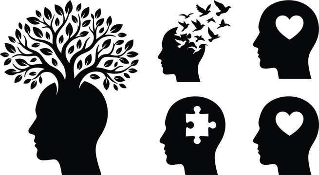 Human head silhouettes with tree, birds, heart, and puzzle pieces representing mental health and psychology concepts