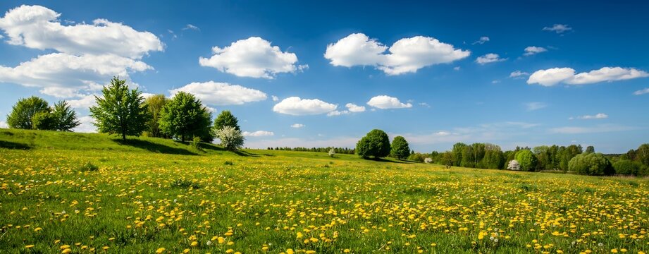 Flat vector illustration of spring meadow landscape, yellow wildflowers field, green trees rolling hills, bright blue sky, fluffy white clouds