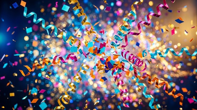 Colorful confetti and streamers exploding in a vibrant party background.