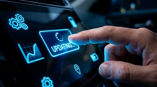 Close up of a hand interacting with a luminous blue software update interface in a futuristic car dashboard.