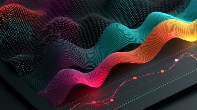 Abstract data visualization with colorful flowing lines and waves on dark background representing trends and statistics in modern design