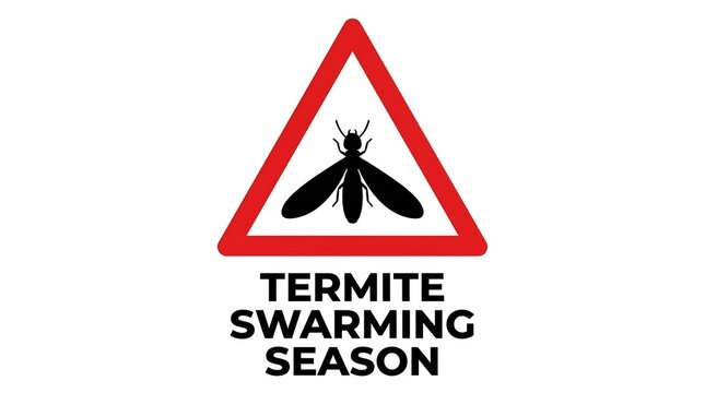 Termite swarming season warning sign with a red triangle and insect icon.