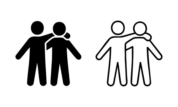 Two people standing together with an arm around shoulder icon set showing friendship and support in black style