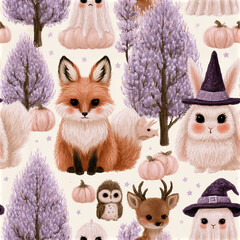 Naklejka premium Pastel Halloween woodland pattern with rosy cheeked foxes, rabbits witch hats, pumpkins, deer, owl, and purple trees creating