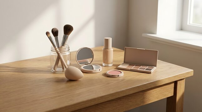 Professional makeup brushes and beauty products set on a wooden table in a bright sunny bedroom room. beginner makeup guide