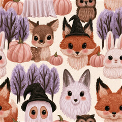 Naklejka premium Pastel Halloween woodland pattern with rosy cheeked foxes, deer, owl, rabbit, ghost, pumpkins, and purple trees in soft colors