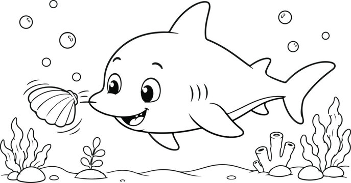 Cartoon shark holding seashell black and white line drawing