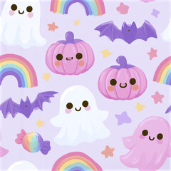 Fototapeta premium Pastel Halloween pattern with smiling ghosts, purple bats, pink pumpkins, rainbows, and colorful stars creating cheerful