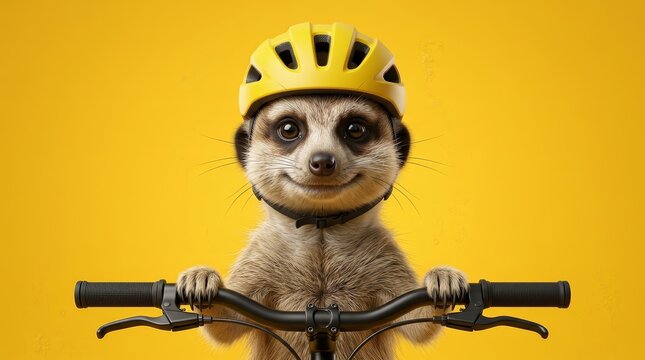 Adorable meerkat with a bike helmet posing for advertising on a bright yellow backdrop.
